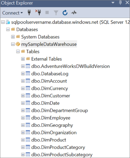 Képernyőkép a SQL Server Management Studio (SSMS) Object Explorer adatbázis-objektumáról.