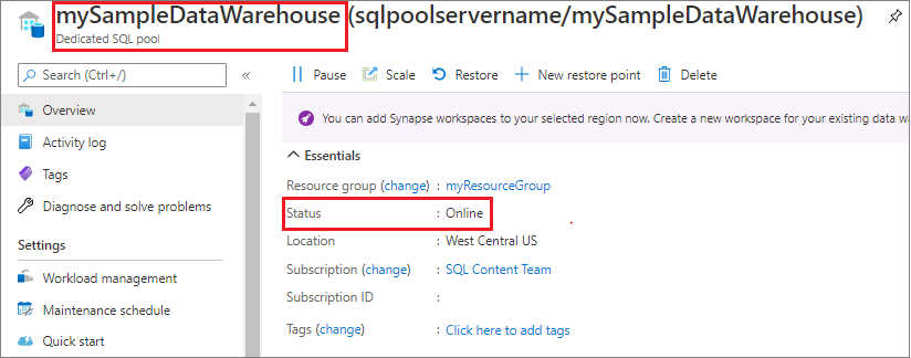 Képernyőkép a Azure Portal, amely azt jelzi, hogy a dedikált SQL-készlet számítása online állapotban van.
