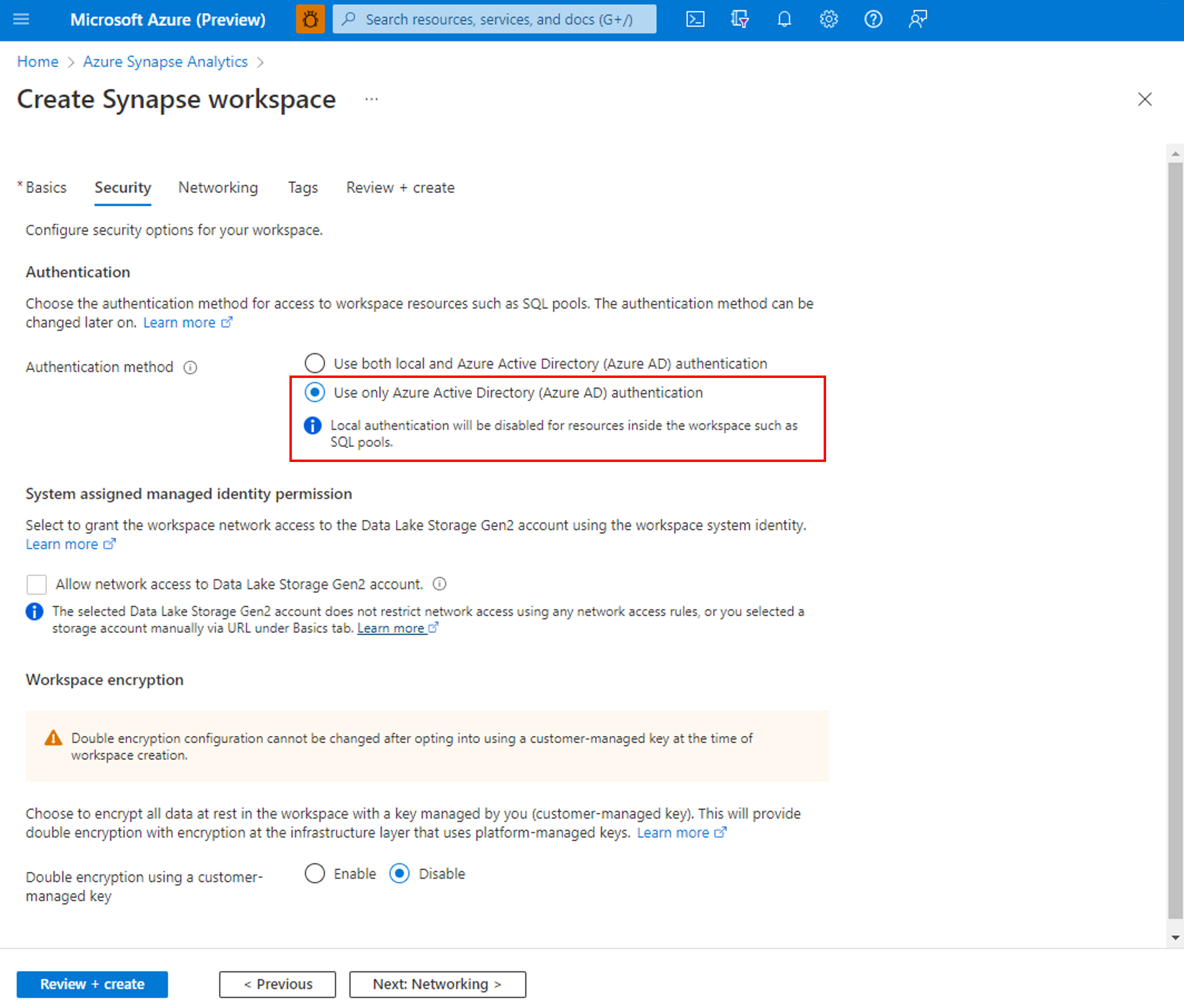 Microsoft Entra-alapú hitelesítési konfiguráció a munkaterület létrehozása során