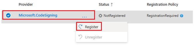A Microsoft.CodeSigning erőforrás-szolgáltatót regisztráltként ábrázoló képernyőkép.