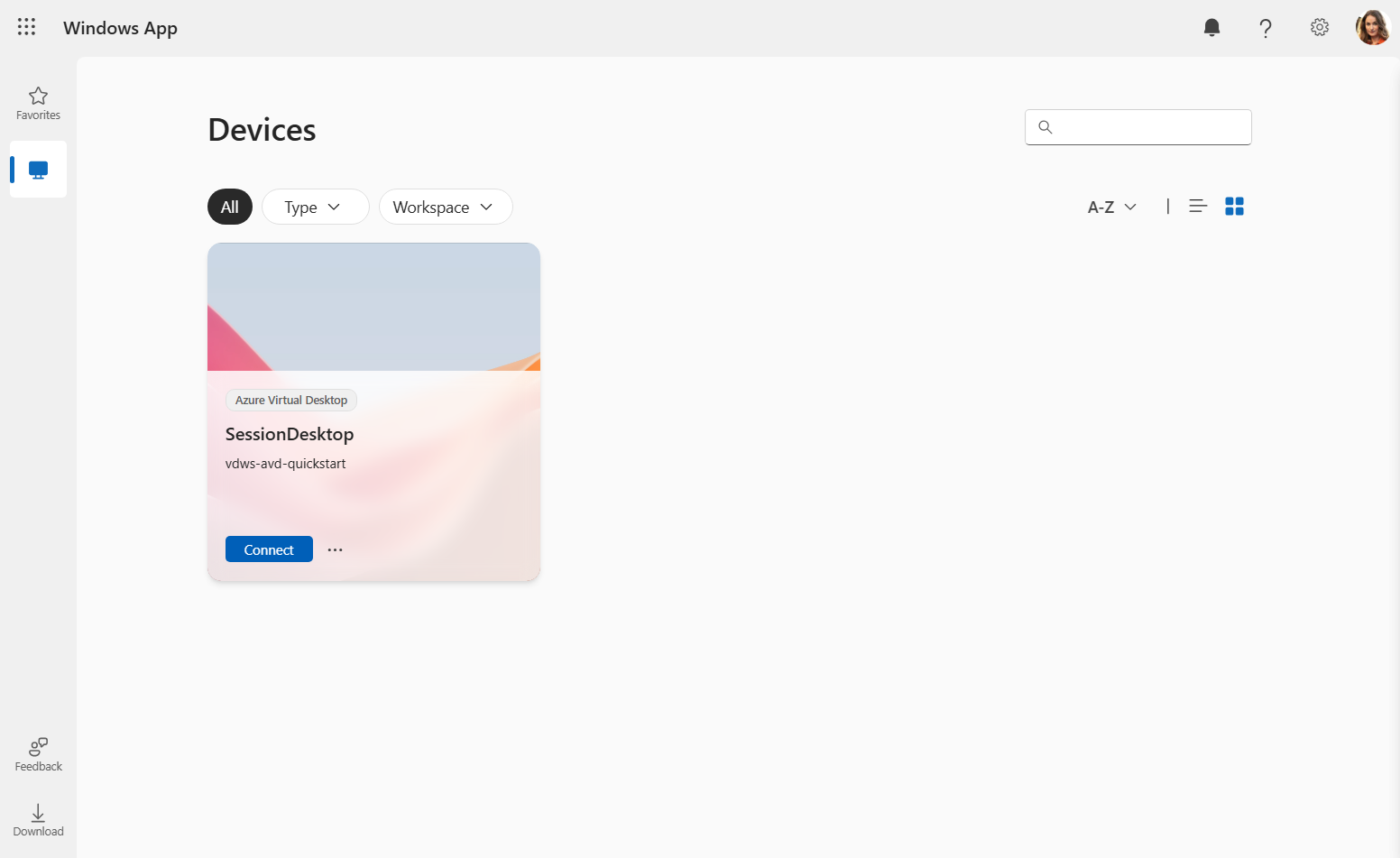 Képernyőkép az Windows App eszközök lapjáról egy webböngészőből a Rövid útmutató használatával üzembe helyezett SessionDesktop paranccsal.