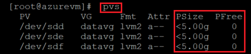 Képernyőkép az aktuális PV-konfigurációt ellenőrző kódról. A parancs és az eredmény ki van emelve.