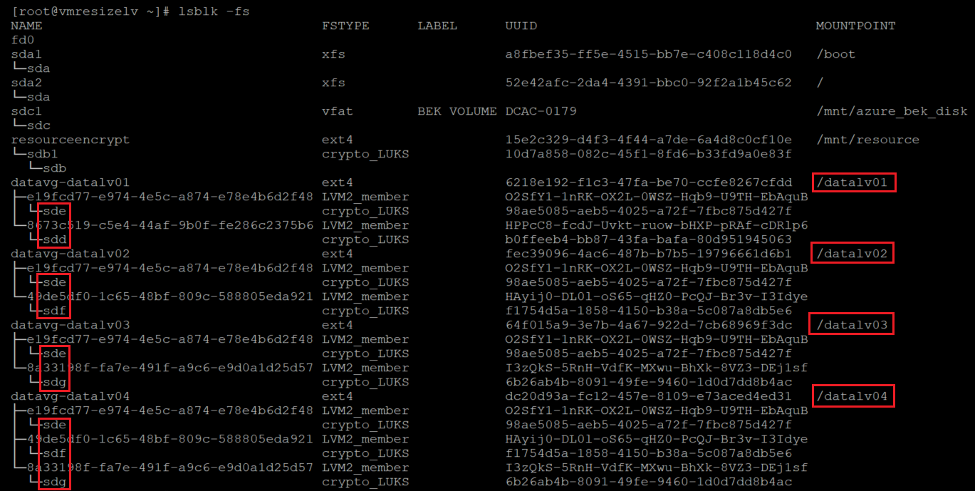 Képernyőkép egy alternatív kódról, amely ellenőrzi, hogy az LVM-réteg a titkosított rétegen van-e. Az eredmény ki van emelve.