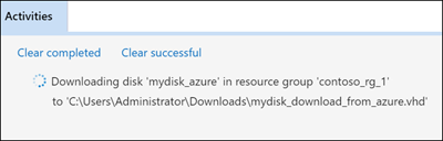 Képernyőkép az Azure Storage Explorerről, amely a Tevékenységek panel helyét emeli ki letöltési állapotüzenetekkel.