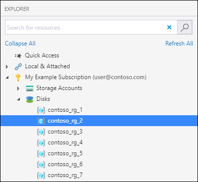 Képernyőkép az Azure Storage Explorerről, amely kiemeli a Lemezek csomópont helyét egy lemez beillesztéséhez.