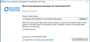 A Visual Studio 2017-hez készült Micro Focus Enterprise Developer telepítő párbeszédpanelje