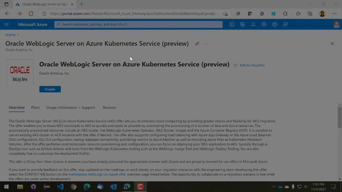 A Marketplace-megoldással üzembe helyezheti a WebLogic Servert az AKS-en