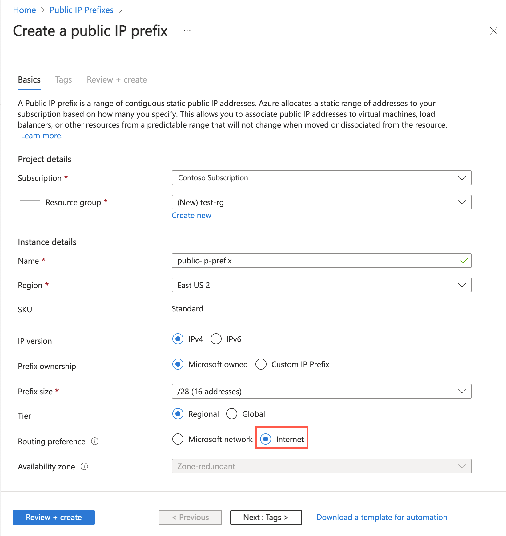Képernyőkép a nyilvános IP-címelőtag létrehozásáról az útválasztási beállítással a Azure Portal.