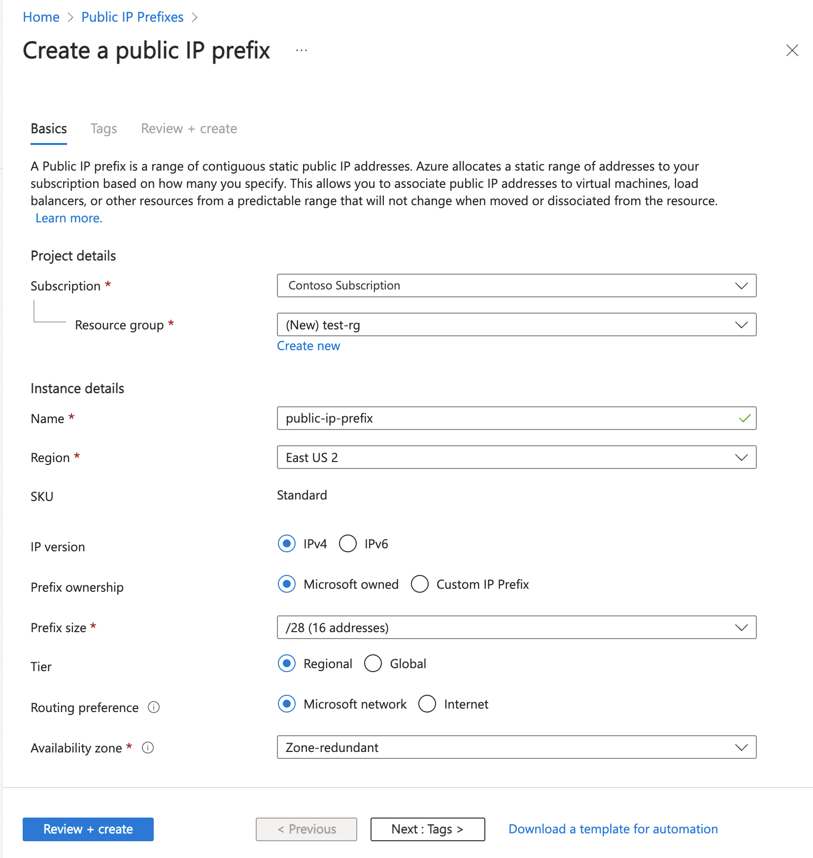Képernyőkép a nyilvános IP-címelőtag létrehozásáról a Azure Portal alapértelmezett beállításaival.