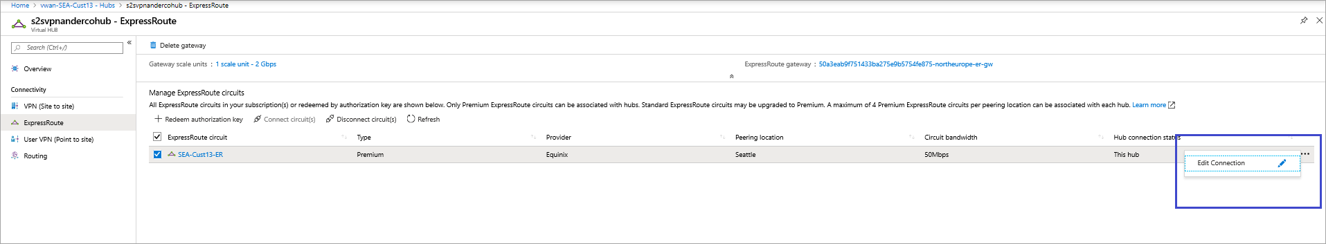 Képernyőkép az ExpressRoute-átjáró szerkesztési oldalról.