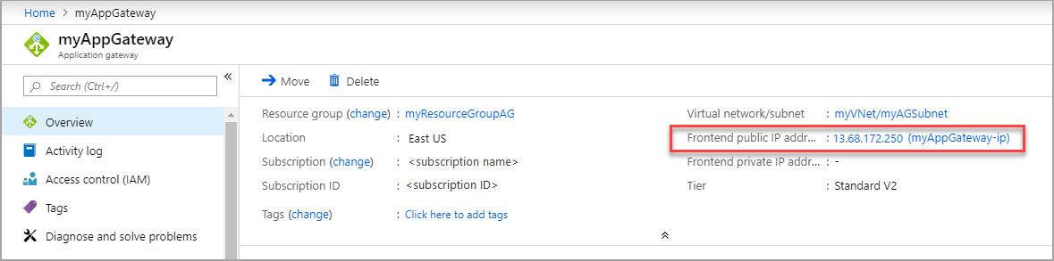 Képernyőkép Application Gateway nyilvános IP-címről az Áttekintés lapon.