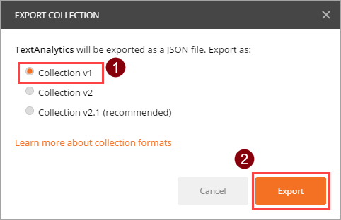 Válassza ki az exportálási formátumot: "Gyűjtemény v1".