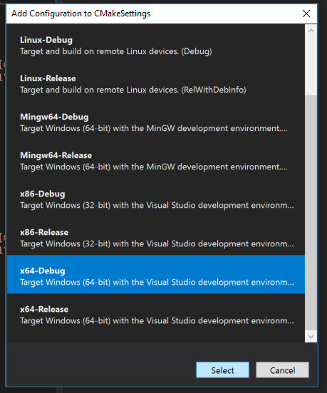 Képernyőkép a Konfiguráció hozzáadása a CMakeSettings-hoz párbeszédpanelről. Olyan bejegyzésekkel rendelkezik, mint a Linux-Debug, x86-Debug. Az x64-Hibakeresés lehetőség van kiválasztva.