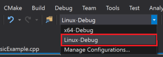 Képernyőkép az indítási konfiguráció legördülő listáról. A látható lehetőségek a következők: x64-Debug, Linux-Debug és Manage Configurations.