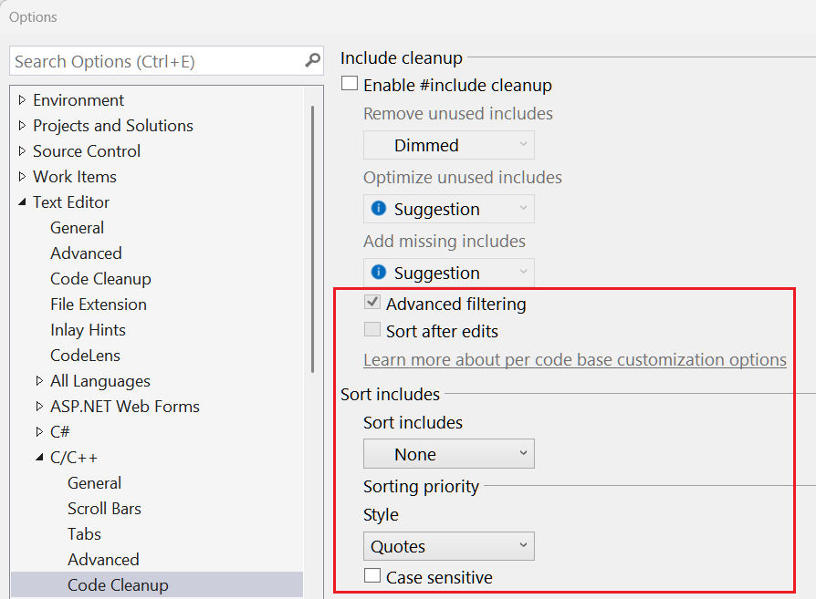 Képernyőkép a Visual Studio Beállítások ablakáról, a Speciális szűrés, a Szerkesztés utáni rendezés, az Include-ok rendezése, a Rendezési prioritás, a Stílus és a Kis- és nagybetűk megkülönböztetése beállítások kiemelésével.