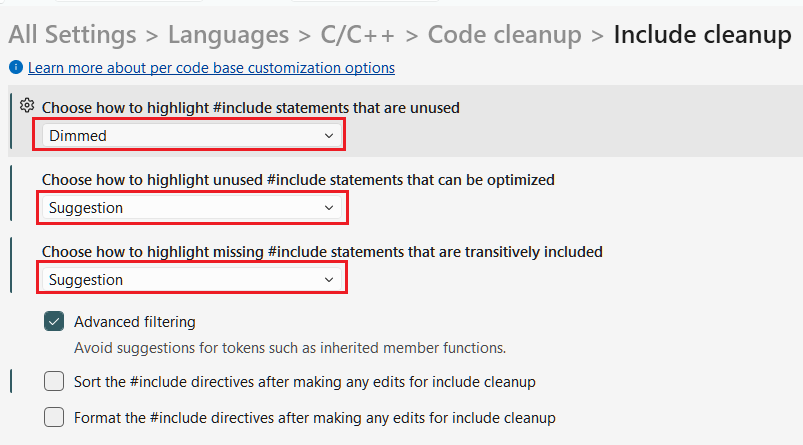 Képernyőkép az Eszközök beállításai párbeszédpanelről, amely az Összes beállítás > Nyelvek > C/C++ > Kódtisztítás > Include-ok tisztítása résznél van megnyitva.