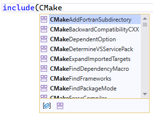 Képernyőkép az IntelliSense-ről egy include utasításhoz.