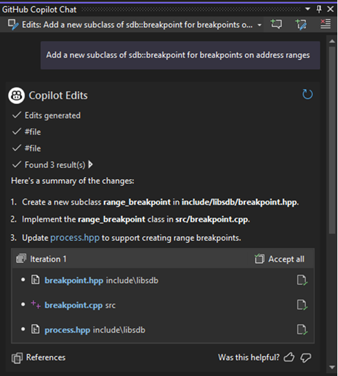 Képernyőkép a GitHub Copilot Csevegés ablakáról, amely megjeleníti a szerkesztett fájlokat.