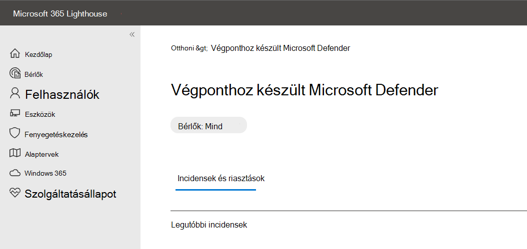 képernyőkép a Microsoft 365 Lighthouse incidenslistájáról