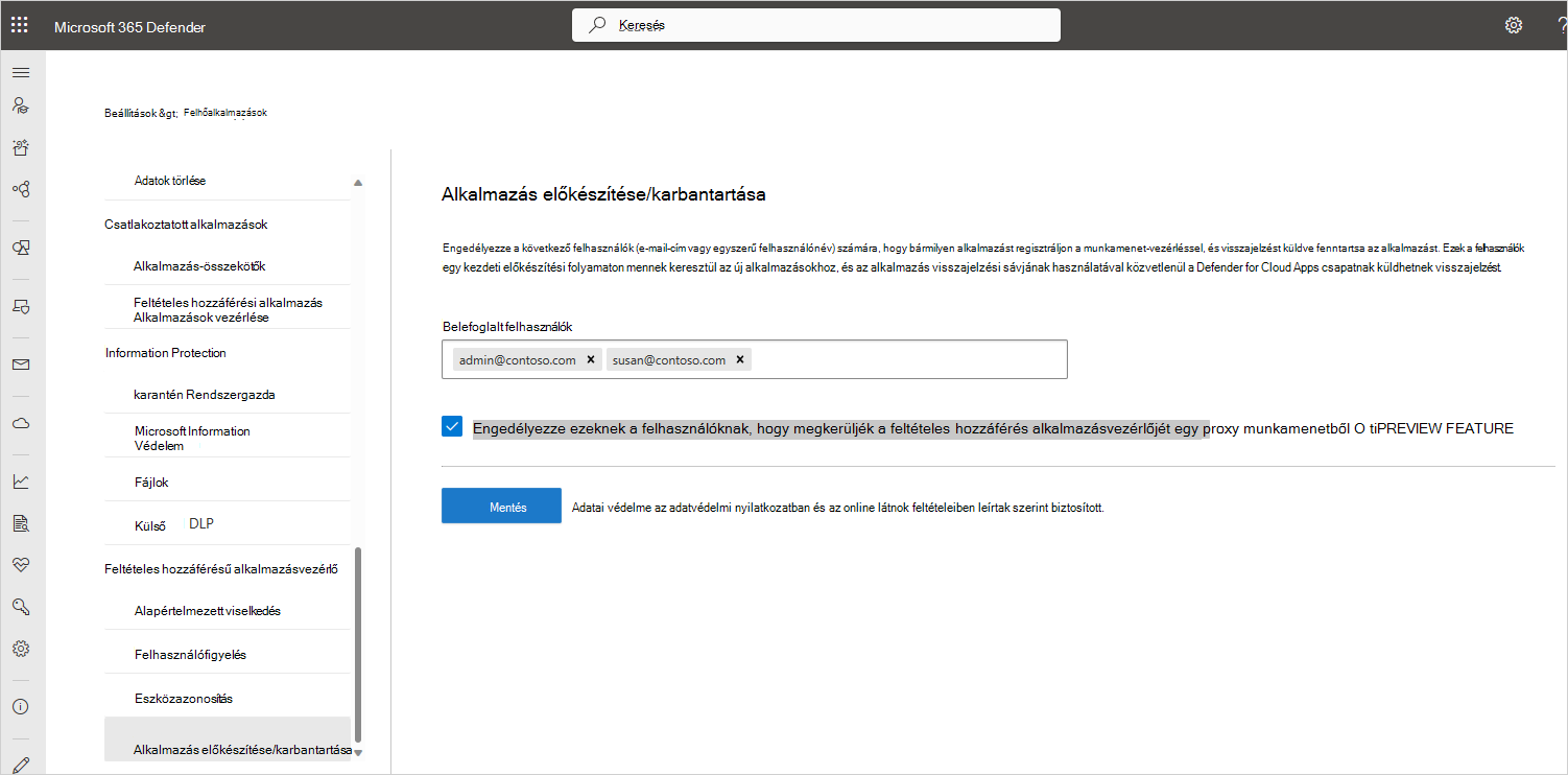 Képernyőkép az alkalmazás előkészítési/karbantartási beállításairól.