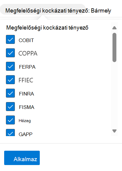 Képernyőkép a megfelelőségi kockázati tényezőkről