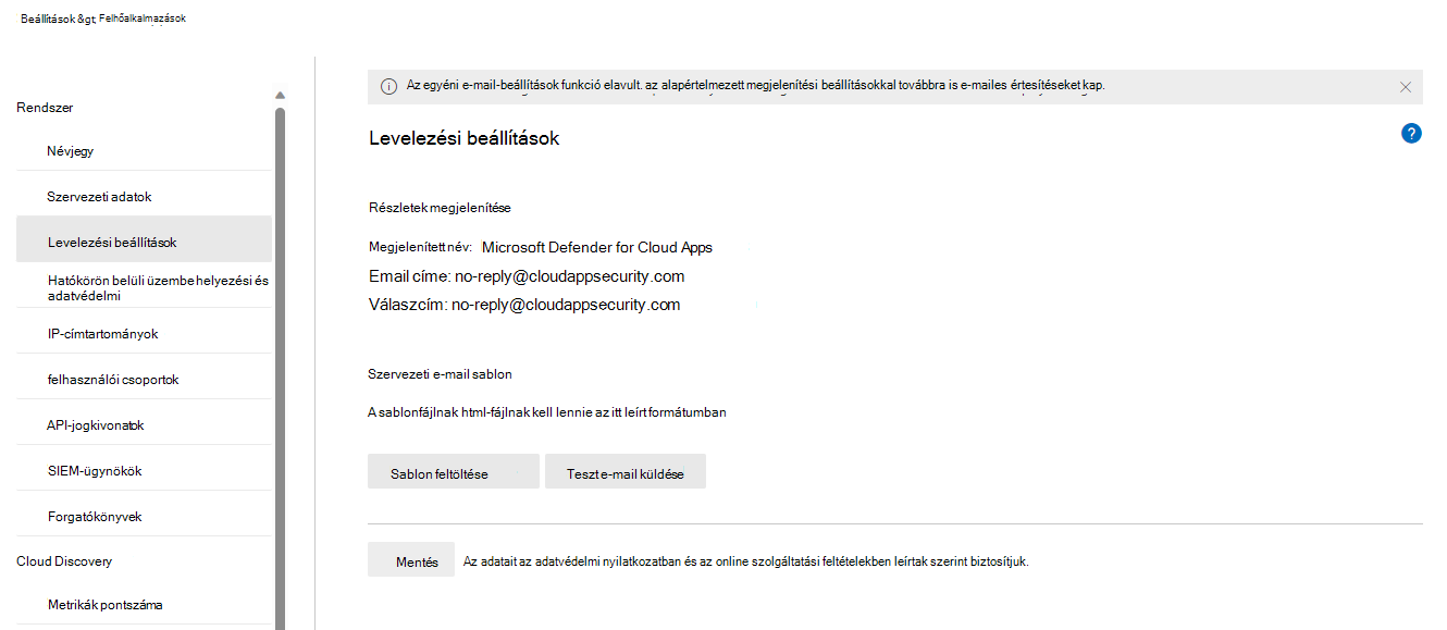 Képernyőkép a Microsoft Defender Portál Posta beállításai lapjáról.