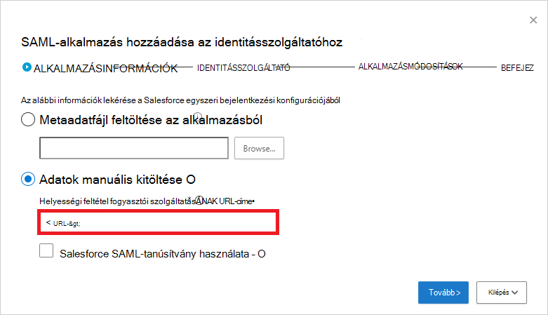Adja meg manuálisan a Salesforce SAML-adatait.