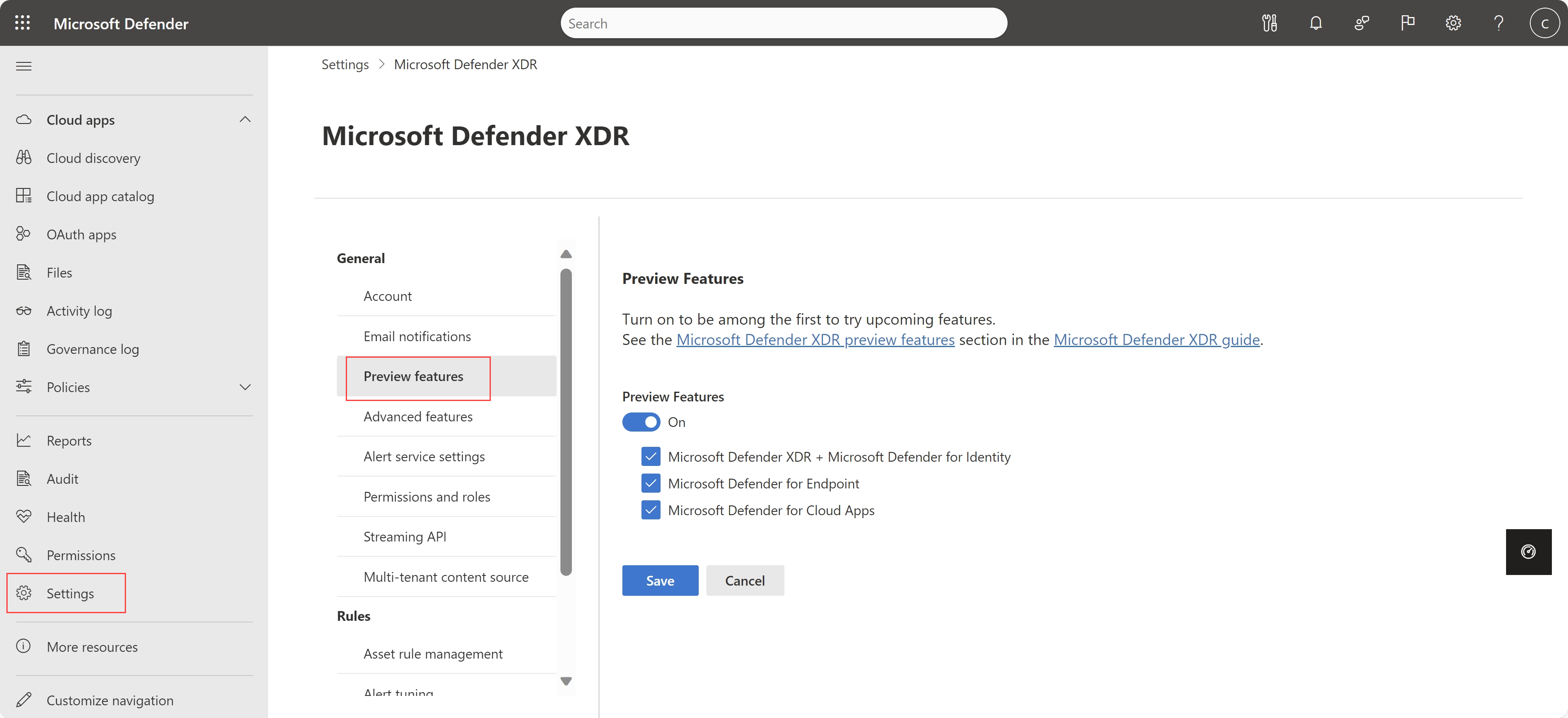 Képernyőkép a Microsoft Defender XDR előzetes verziójú funkciók beállításainak oldaláról.