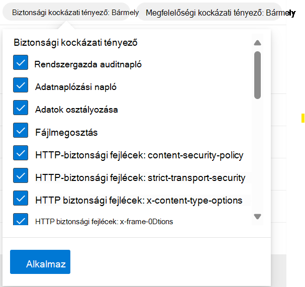 Képernyőkép a biztonsági kockázati tényező szűrőiről