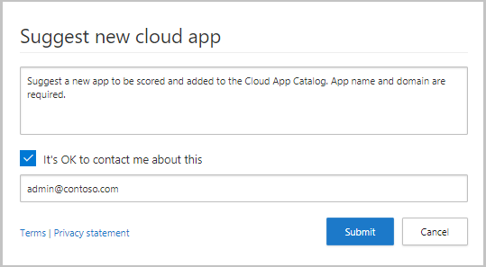 Screenshot showing the Suggest new cloud app pop-up box in Defender for Cloud Apps.