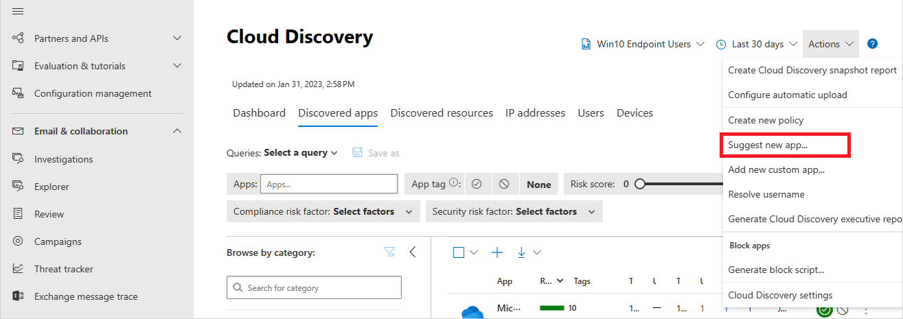 Screenshot showing the **Suggest an app** menu item in Defender for Cloud Apps.