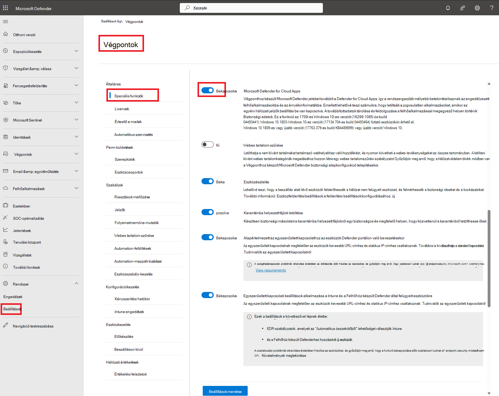 Képernyőkép az Endpoint Advanced szolgáltatások beállításainak Defender oldaláról, amelyen engedélyezve van a Microsoft Defender for Cloud Apps kapcsoló.