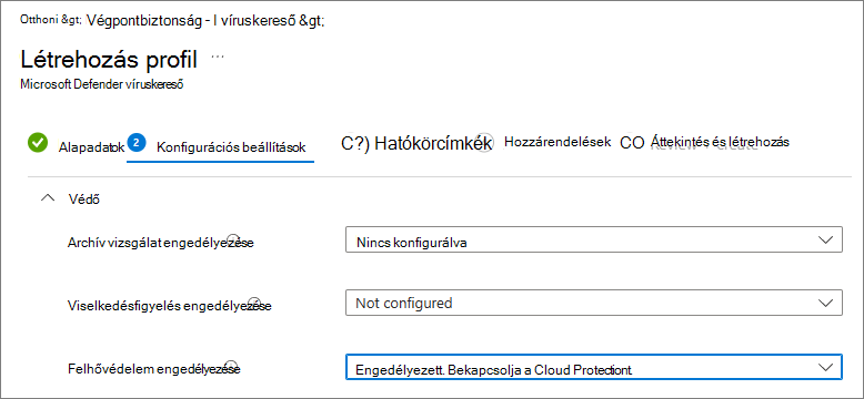 Képernyőkép az Intune-ban engedélyezettre állított Cloud Protectionről.