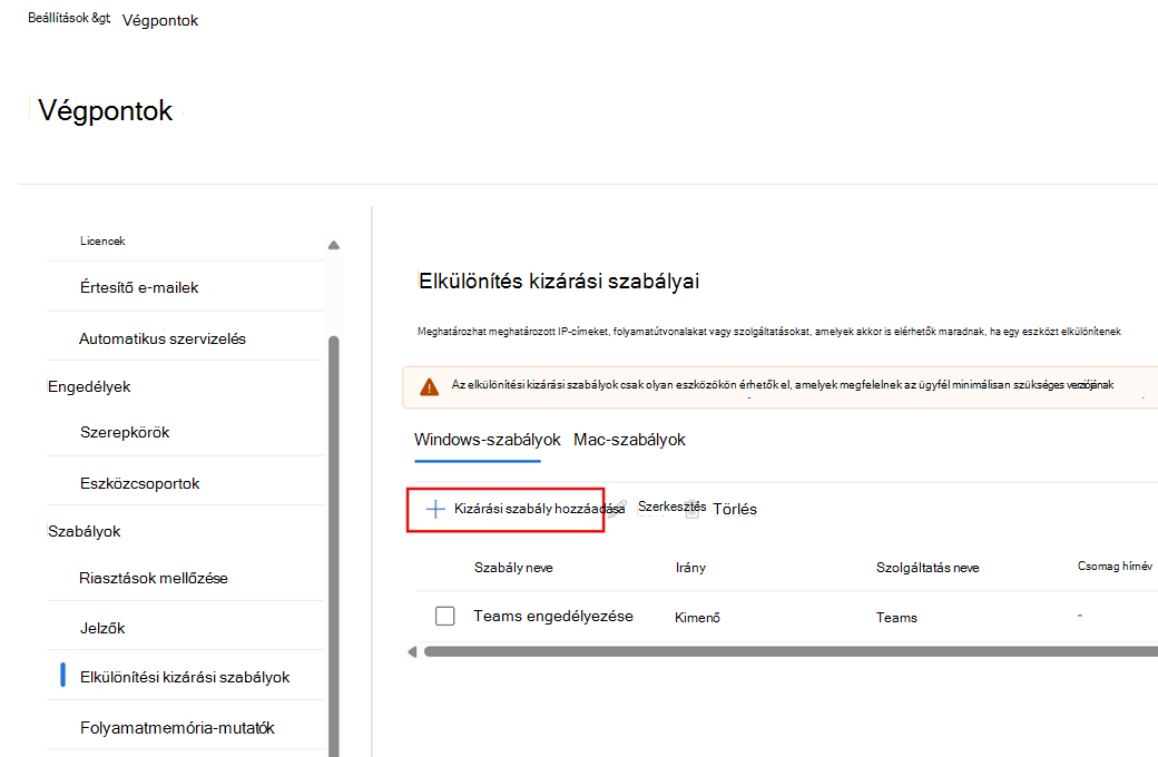 Képernyőkép egy új elkülönítési kizárási szabály hozzáadásáról.