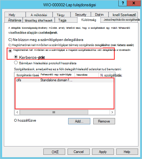Képernyőkép arról, hogy a számítógép megbízható-e a megadott szolgáltatásokhoz való delegáláshoz.