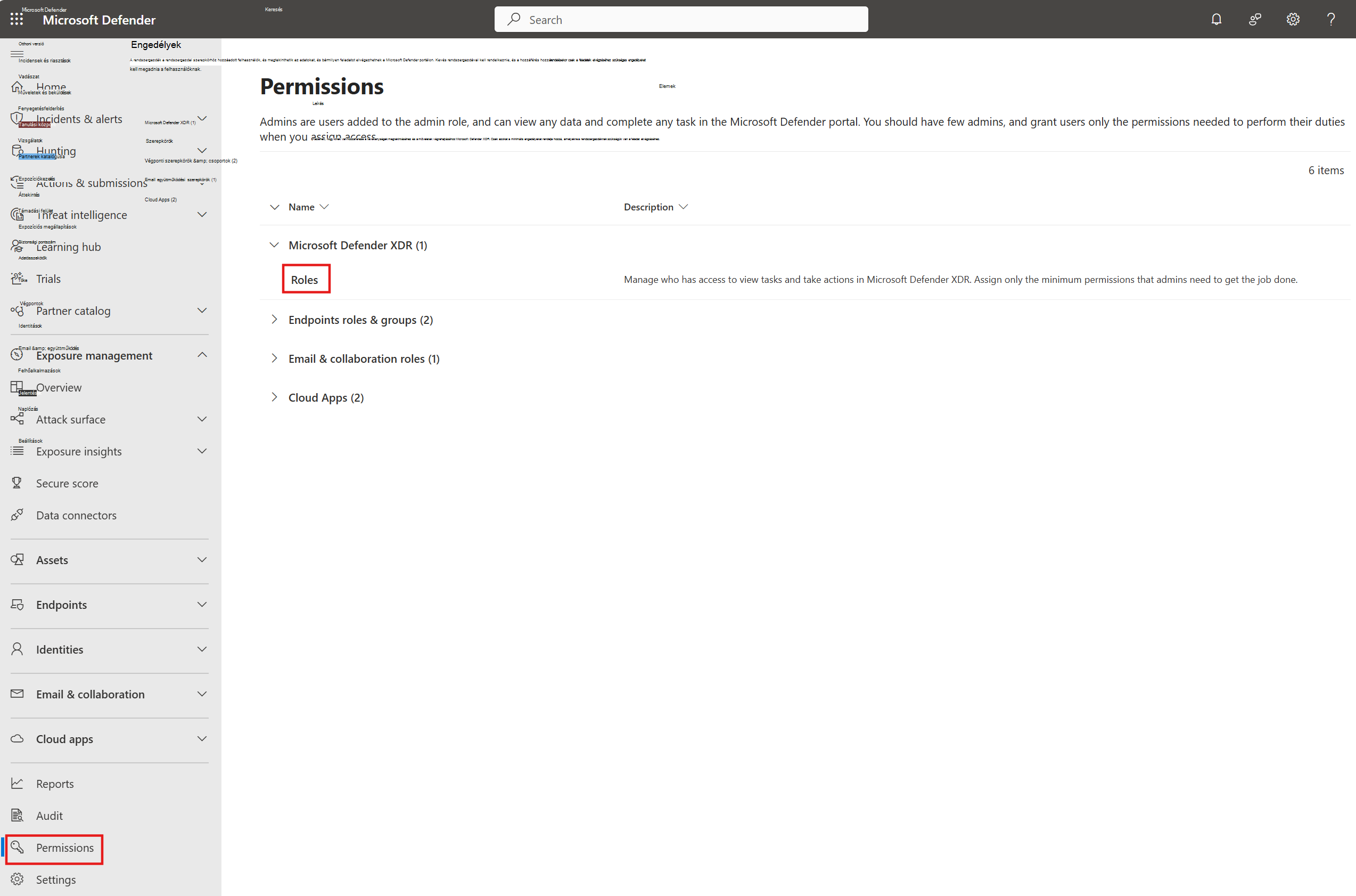 Képernyőkép a Microsoft Defender portál szerepkörök lapjáról.