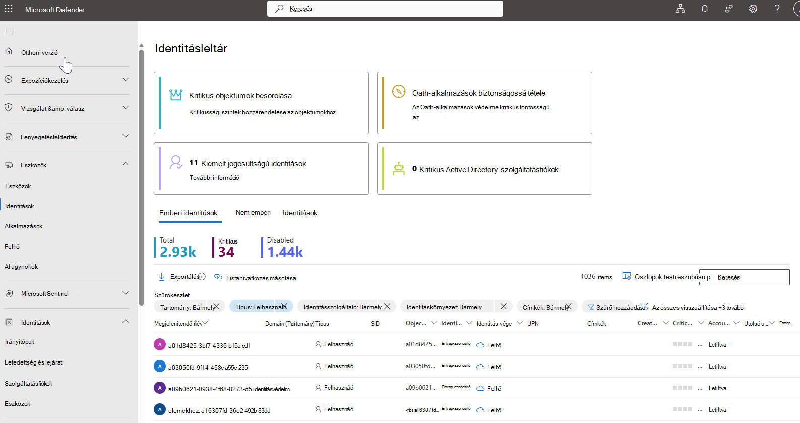 Képernyőkép az identitásleltár oldaláról a Microsoft Defender portálon.