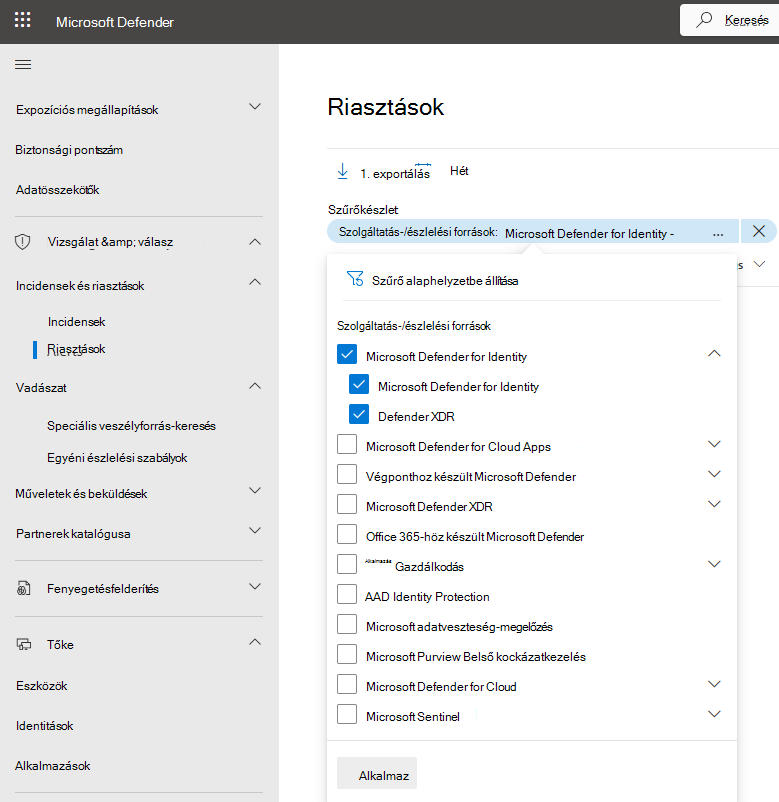 A riasztások szűrőmenüjének szolgáltatásonkénti képernyőképe.