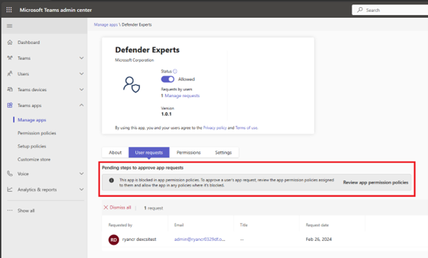 Képernyőkép a Defender Experts alkalmazásengedélyek letiltott rendszerképéről a Teamsben.