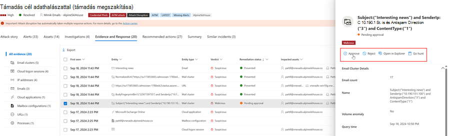 A Microsoft Defender portál Bizonyítékok és válaszok kezelése paneljén található Jóváhagyás\Elutasítás lehetőség.