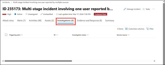 Egy incidenshez tartozó Vizsgálatok lap a Microsoft Defender portálon