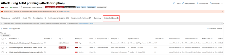Képernyőkép egy incidens hasonló incidensek lapjáról az Microsoft Defender portálon.