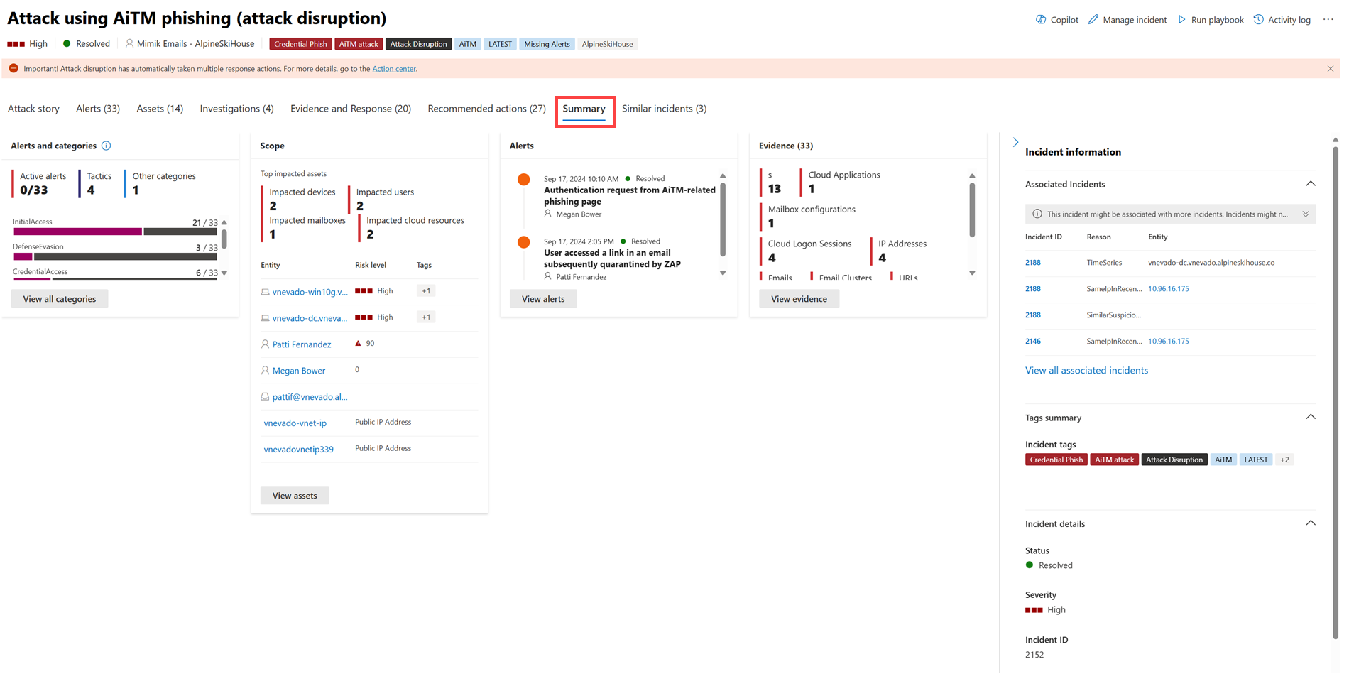 Képernyőkép egy incidens összefoglaló adatairól a Microsoft Defender portálon.