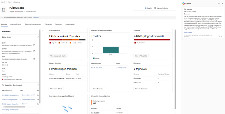 Képernyőkép a Copilot fájlelemzési eredményeiről a Defenderben a Részletek megjelenítése lehetőség kiemelésével.