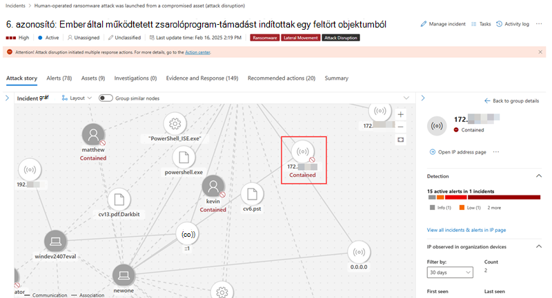Tartalmazott IP-cím kiemelése az incidensgráfban.