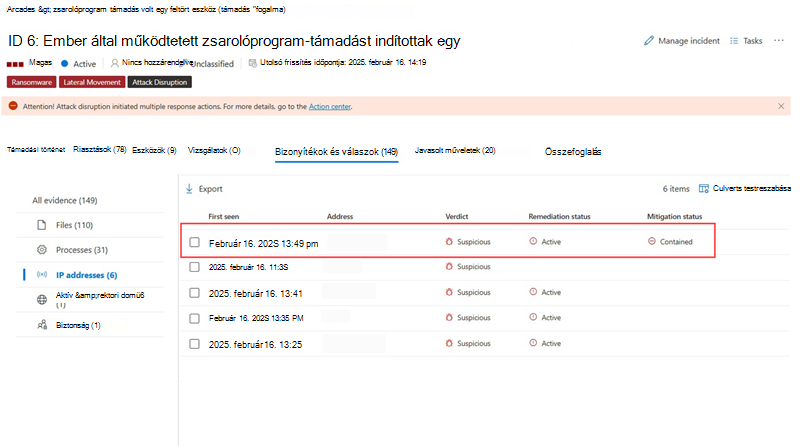 Tartalmazott IP-cím kiemelése az incidens Bizonyíték és válasz lapján.