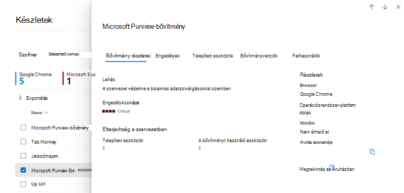 Képernyőkép a Böngészőbővítmények részletei panelről