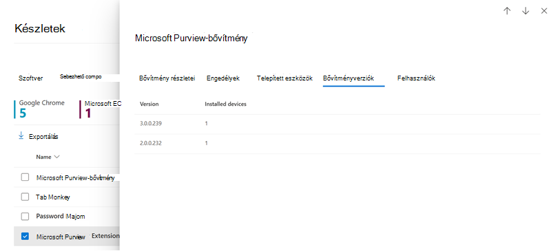 Képernyőkép a Böngészőbővítmények verziói lapról