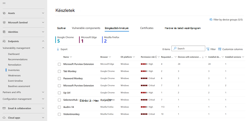 Képernyőkép a Böngészőbővítmények lapról