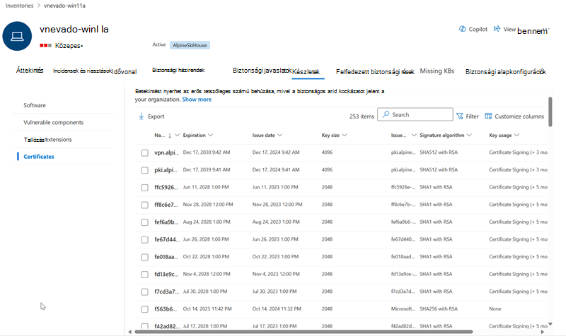 Képernyőkép a tanúsítványleltárról egy eszközoldalon
